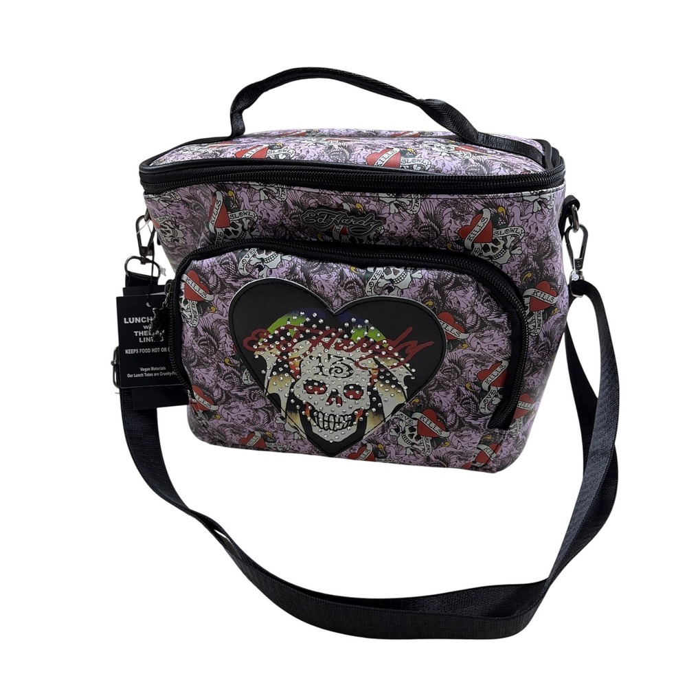 Ed Hardy Purple Skull Heart Tattoo Print Insulated Lunch Tote Bag Rhinestone New